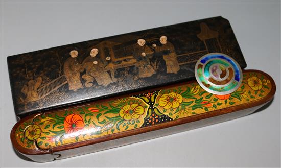Two papier maché pen boxes and a 925 and enamel brooch